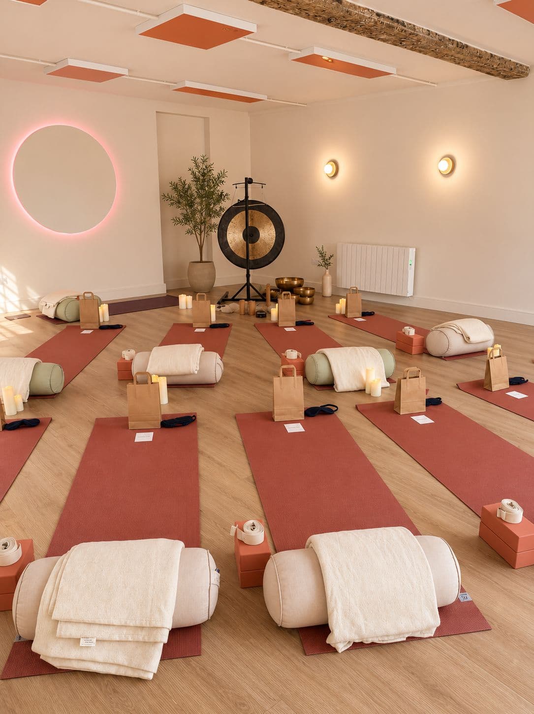 Group sound bath room with crystal singing bowls and candles at Sound Studio, Mudeford, Christchurch